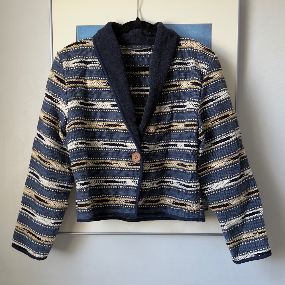 Southwest Tribal Woven Cotton Tapestry Cropped Shawl Jacket Navy Blue M